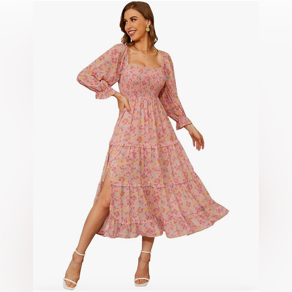 NWT Bohemian Puff Sleeve Ruffled Floral Print Flowy Off Shoulder Long Dress XL